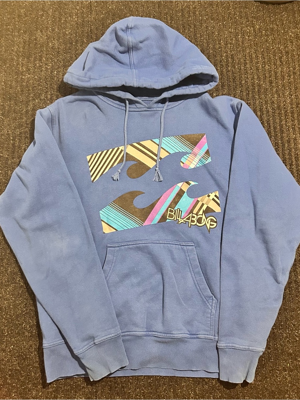 Billabong Light Blue Pullover Hoodie with Multicolor Wave Graphic